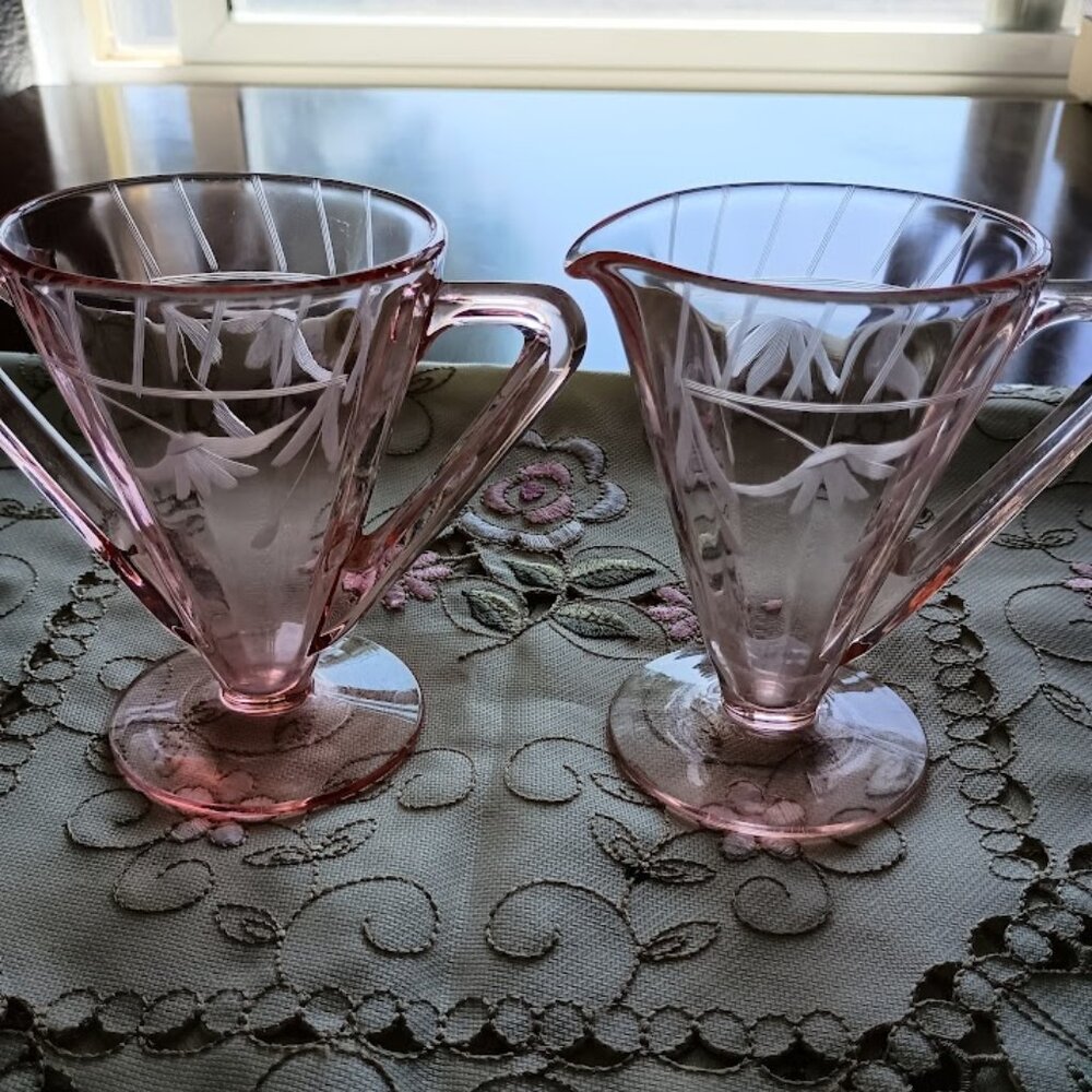 Vintage Soft Pink Art Deco Style Open Cream and Sugar Set